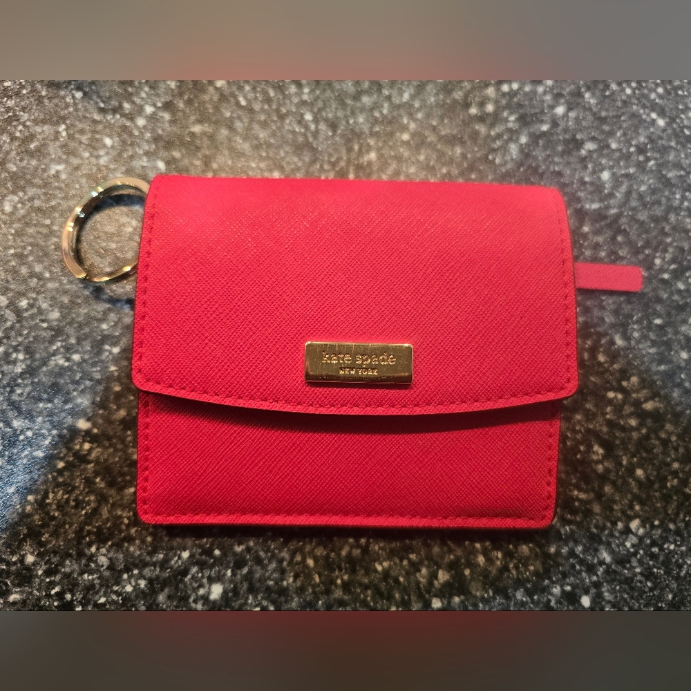 Kate Spade Cherry Red Card Holder Keyring Zip Coin Button Close Multi Card EUC
